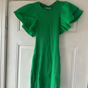 Zara Green Ribbed Ruffle Sleeve Mini Dress